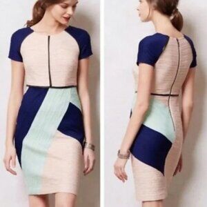 Anthropologie Maeve Danita Color Block Crepe Sheath Dress Pink Navy Teal 10